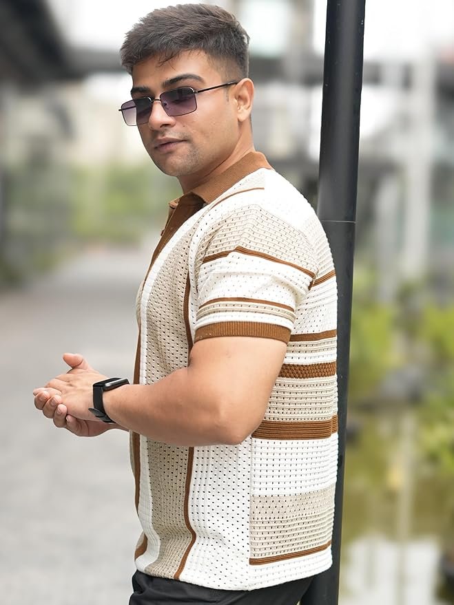 maniac || mens || half sleeve || stripe || flat knit || cotton || polo tshirt maniac || mens || half sleeve || stripe || flat knit || cotton || polo tshirt