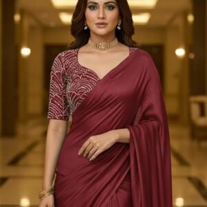 this is soft space silk saree with including pearl and sequence embroidery, and a matching unstitched blouse with pearl work.