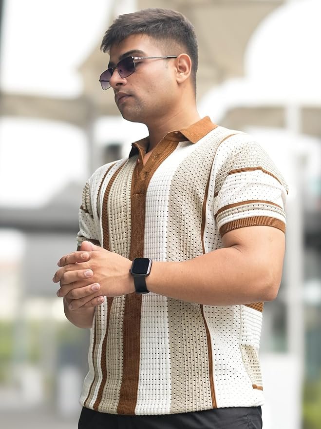 maniac || mens || half sleeve || stripe || flat knit || cotton || polo tshirt maniac || mens || half sleeve || stripe || flat knit || cotton || polo tshirt