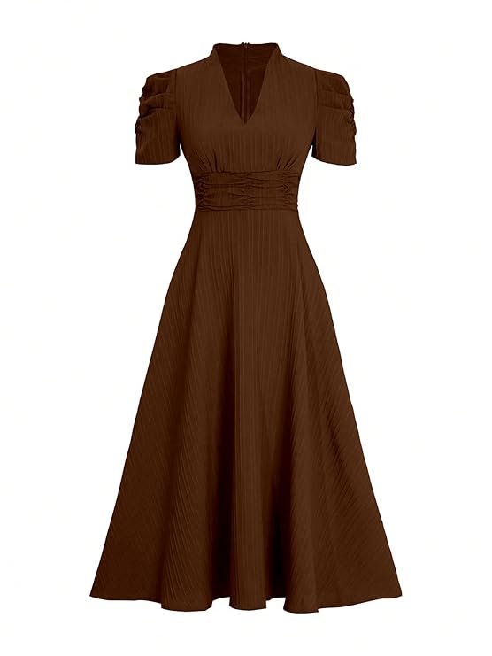 girl's & women's solid color v neck a line maxi dress for women | waist cinched puff sleeve western | girl's & women's solid color v neck a line maxi dress for women | waist cinched puff sleeve western |