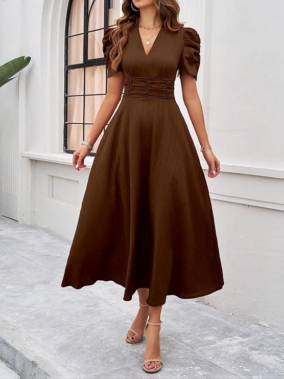 girl's & women's solid color v neck a line maxi dress for women | waist cinched puff sleeve western | girl's & women's solid color v neck a line maxi dress for women | waist cinched puff sleeve western |