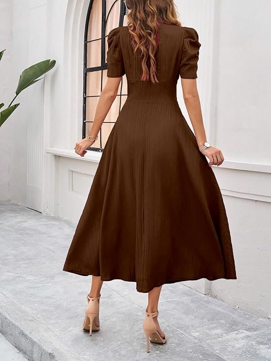 girl's & women's solid color v neck a line maxi dress for women | waist cinched puff sleeve western | girl's & women's solid color v neck a line maxi dress for women | waist cinched puff sleeve western |