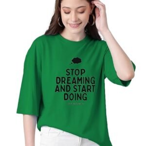 leotude oversized half sleeve cottonblend tshirt for women, round neck longline printed colour blocked baggie t shirt (color rama green)